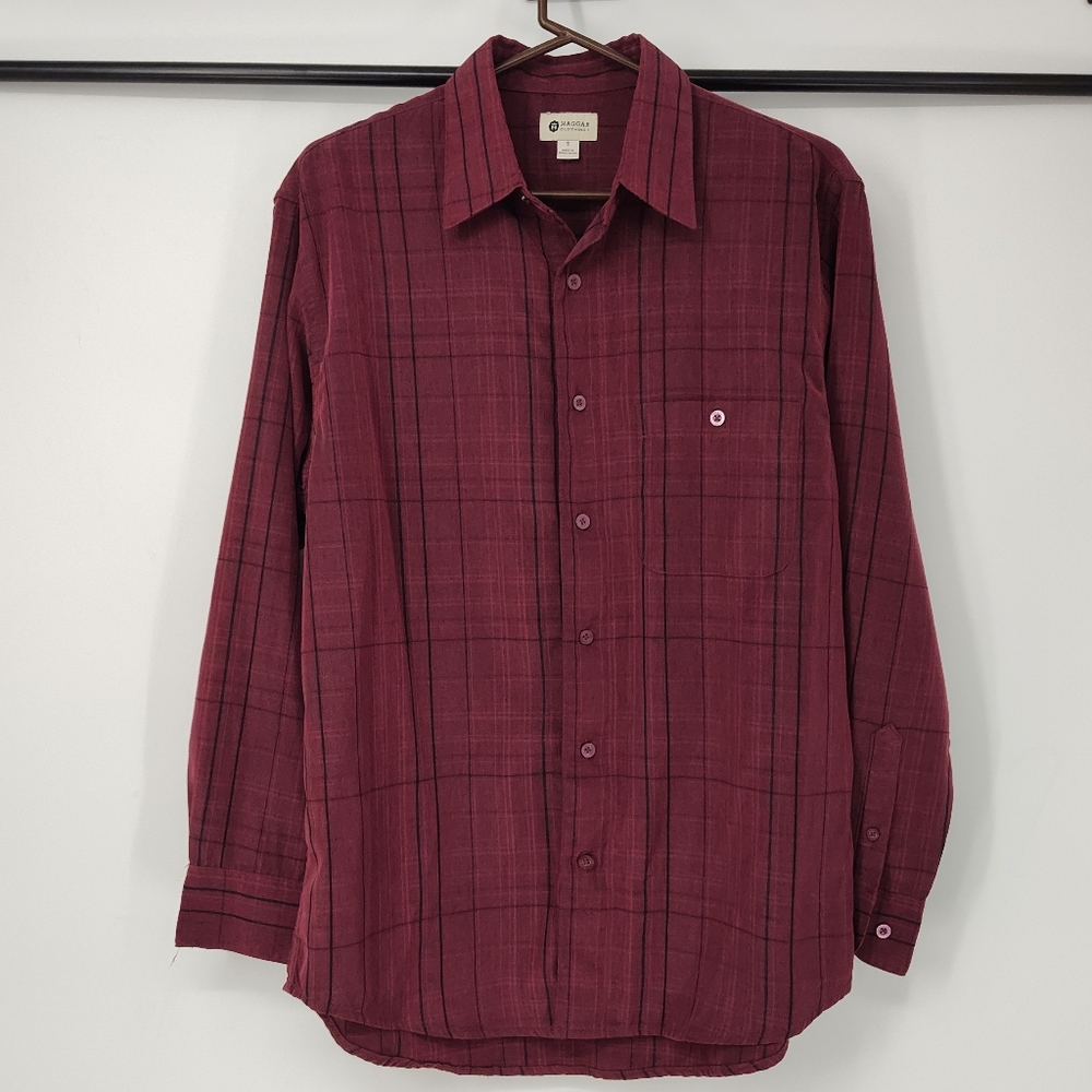 Haggar Maroon Plaid Long-Sleeve Button-Down Shirt Size Mens Small